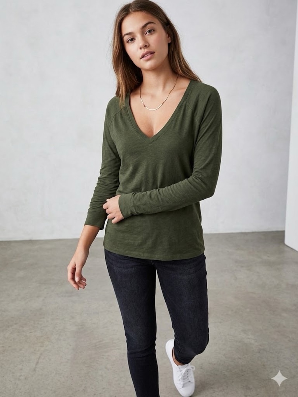 PINK Victoria's Secret Olive V-Neck Long Sleeve Top